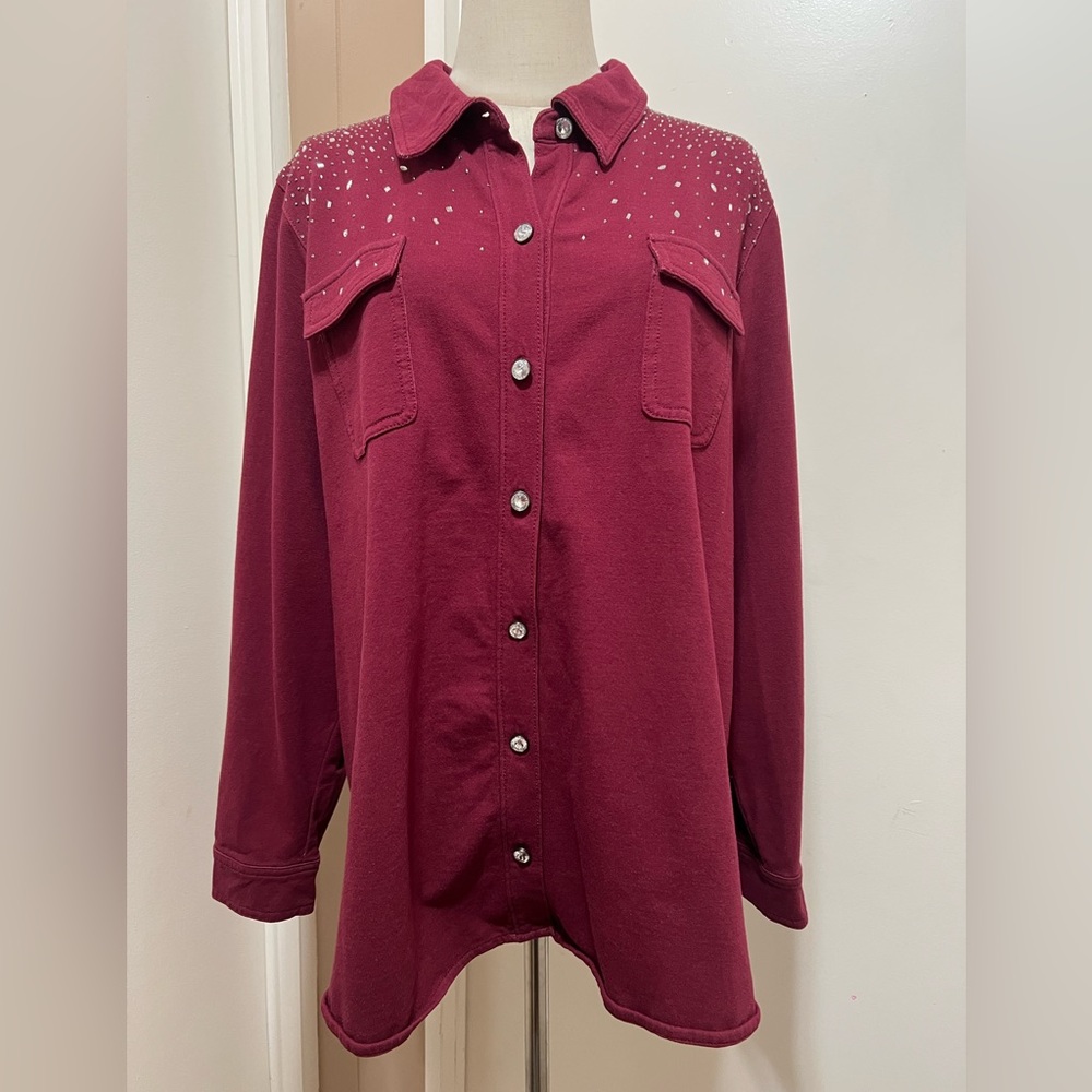 Dream Jeannes Quacker Factory Jacket Shirt Burgundy Rhinestone Studded 1X NEW